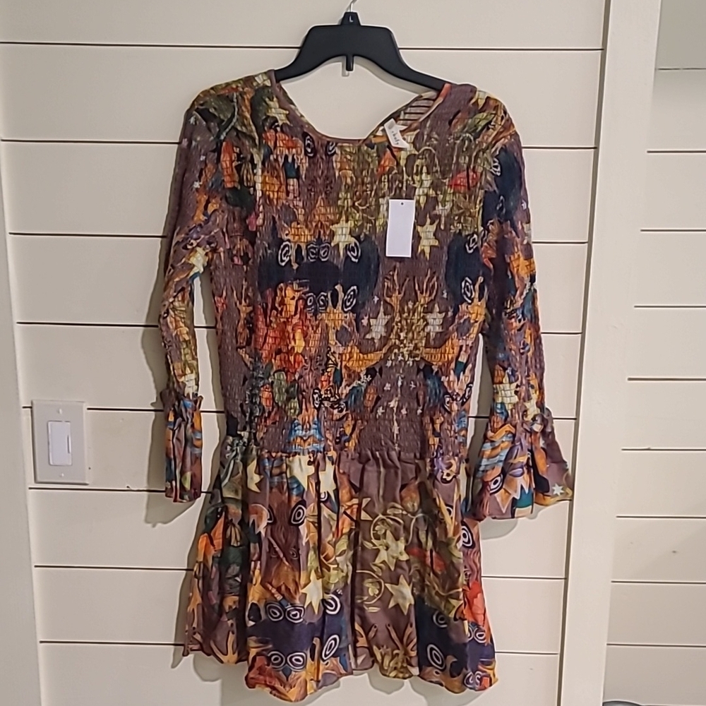 NWT Chufy Smocked Multicolor Long Sleeve Mini Dress Size M